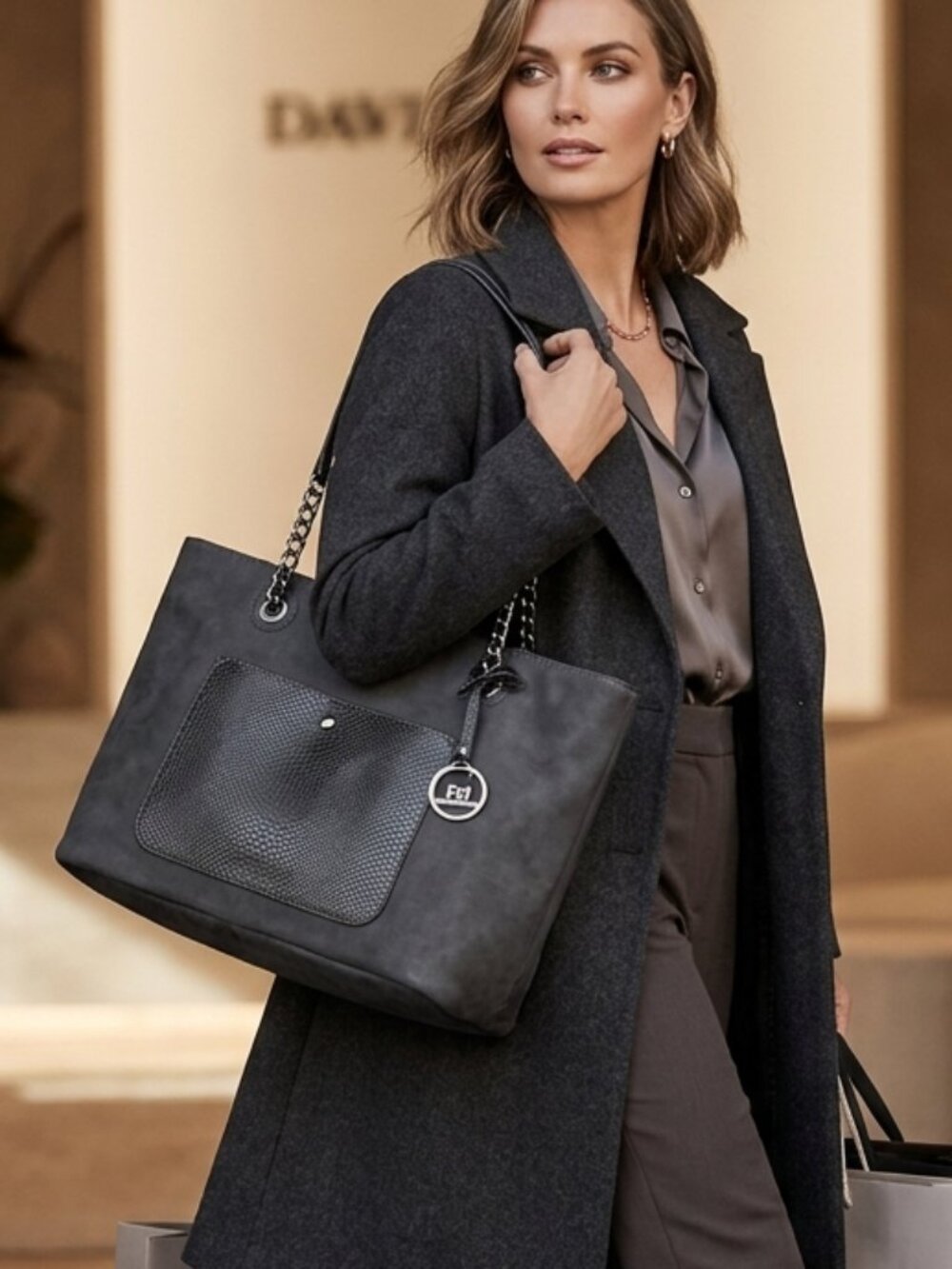 David Jones Paris Women's Charcoal Gray Mixed Texture Tote Bag